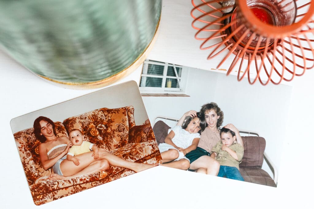 Vintage family photos displayed on a desk