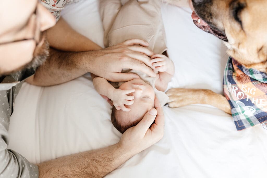 Close-up of newborn lying on a bed next to the family dog