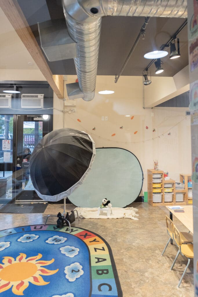 daycare photography setup in a classroom that is brightly lit