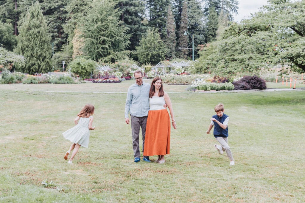 Family vacation photos at the Stanley Park Rose Garden in Vancouver